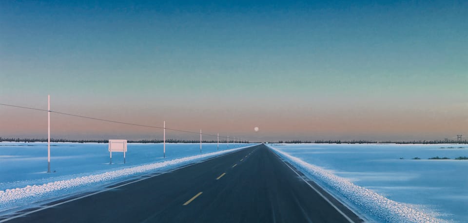 Un cuadro fotorrealista de una carretera llana que se pierde en el horizonte del atardecer.